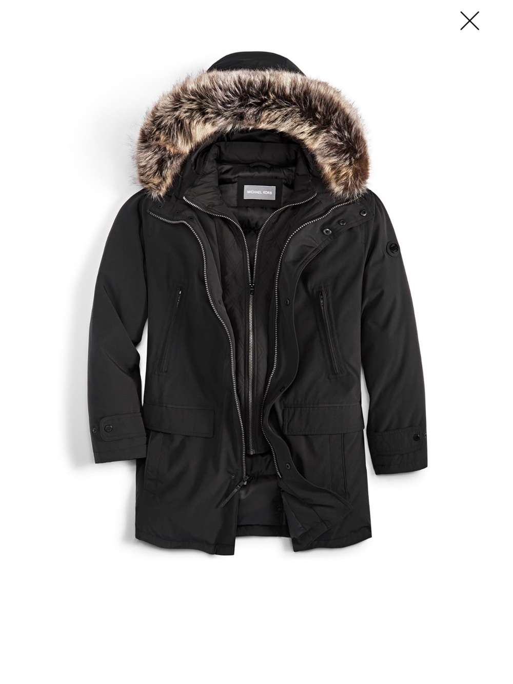 Michael Kors Black Hooded Puffer Parka with Faux-Fur Trim